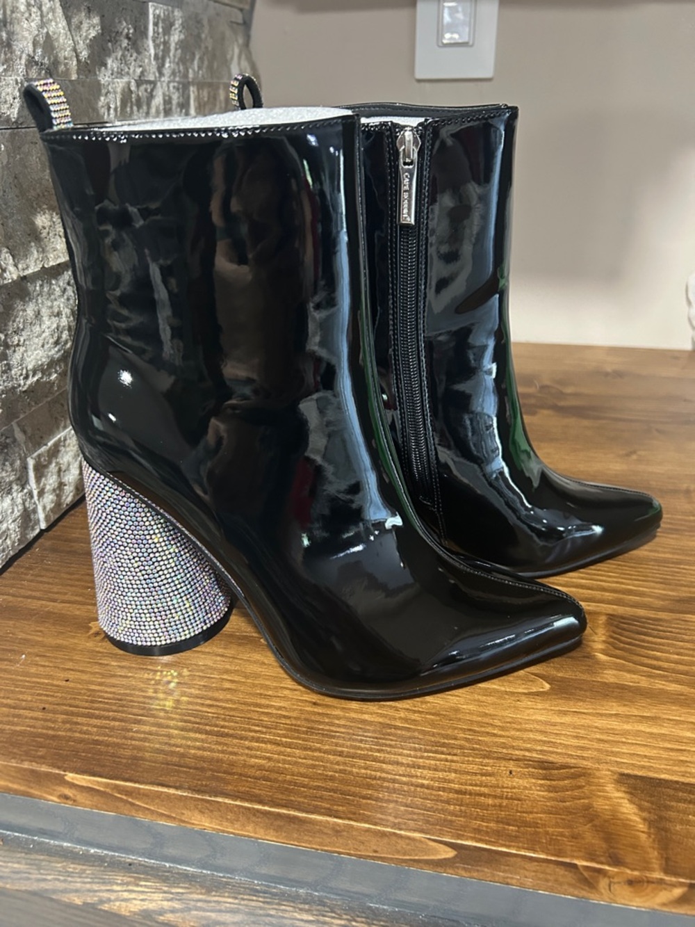 Patent Black Ankle Boots with Crystal Heel New size 8